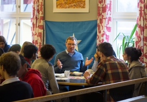 In animated conversation with students during lunch