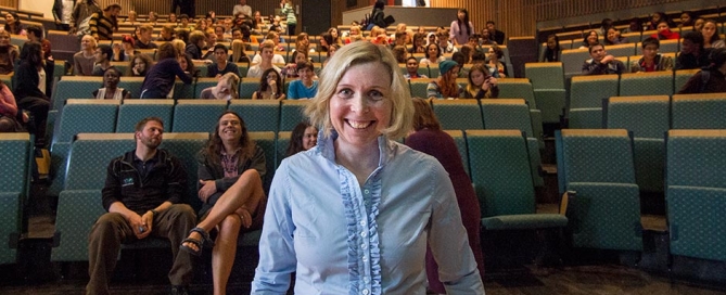 Karin Strand before her talk in the auditorium