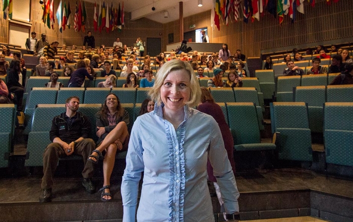 Karin Strand before her talk in the auditorium