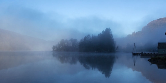 The fjord in the early morning between the student village and the classrooms