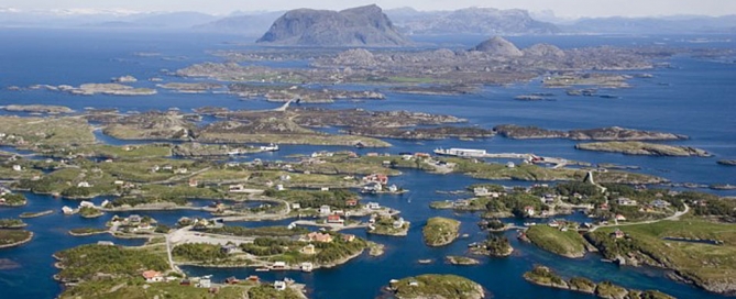 Looking west across Vaerlandet, Bulandet and the mountain of Alden to the mainland