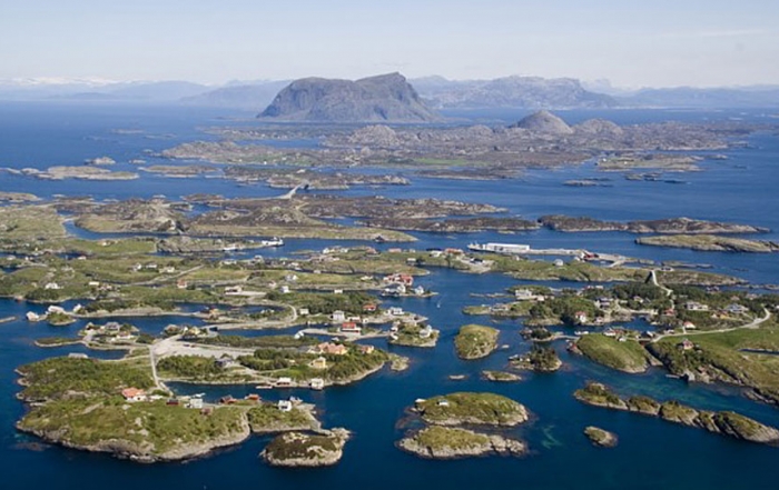 Looking west across Vaerlandet, Bulandet and the mountain of Alden to the mainland