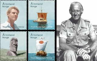 A set of stamps, issued to commemorate the 100th anniversary of Thor Heyerdahl's birth.