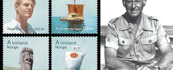 A set of stamps, issued to commemorate the 100th anniversary of Thor Heyerdahl's birth.