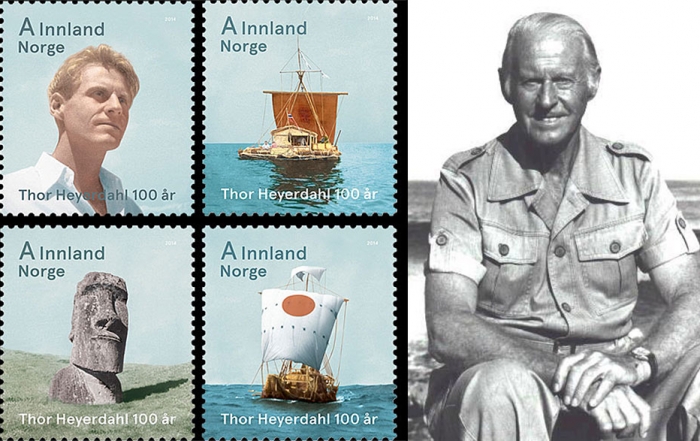 A set of stamps, issued to commemorate the 100th anniversary of Thor Heyerdahl's birth.