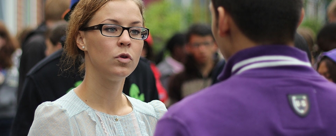 Susanne Gabrielsen talking to one of the students during a visit to the College