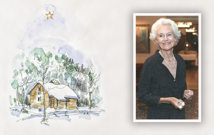 Marianne Andresen and her watercolour of the College's Silent House
